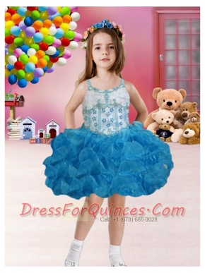 Ball Gown Straps Mini-length Blue Little Girl Dress with Bowknot