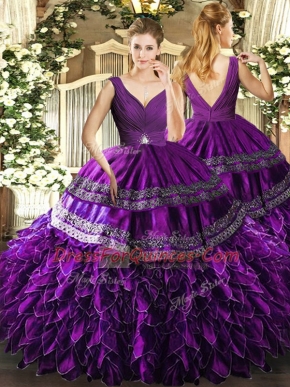 Glittering Organza Sleeveless Floor Length Quinceanera Gowns and Beading and Ruffles and Ruching
