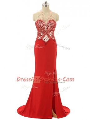 Fashion Red Prom and Party and Military Ball with Beading High-neck Sleeveless Brush Train Backless