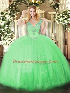 Decent Apple Green Tulle Lace Up V-neck Sleeveless Floor Length Vestidos de Quinceanera Beading