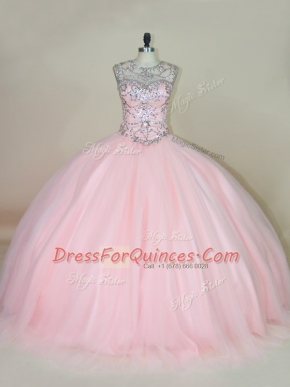 Sleeveless Beading Lace Up Sweet 16 Quinceanera Dress with Baby Pink