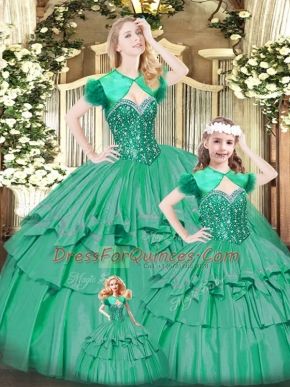 Nice Turquoise Ball Gowns Sweetheart Sleeveless Organza Floor Length Lace Up Beading and Ruffled Layers Ball Gown Prom Dress