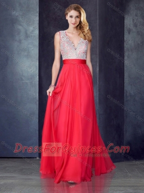 Empire V Neck Red Dama Dress with Appliques and Beading