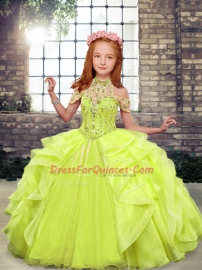 Best Floor Length Ball Gowns Sleeveless Yellow Green Girls Pageant Dresses Lace Up