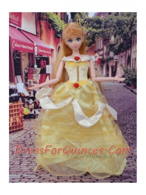 Cute Yellow Scoop Hand Made Flowers Barbie Doll Dress