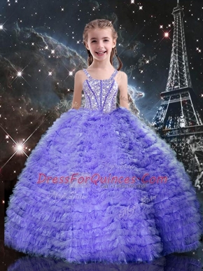 Excellent Lavender Short Sleeves Beading and Ruffled Layers Floor Length Girls Pageant Dresses