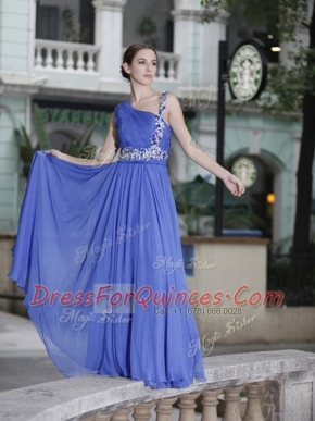 Noble One Shoulder Blue Chiffon Side Zipper Homecoming Dress Sleeveless Floor Length Hand Made Flower