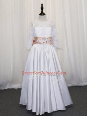 Scoop Half Sleeves Lace Up Flower Girl Dress White Satin