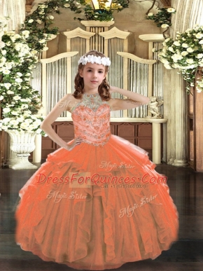 Floor Length Orange Pageant Dress for Teens Halter Top Sleeveless Lace Up