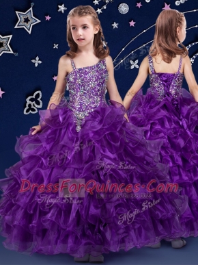 High Quality Ruffled Floor Length Ball Gowns Sleeveless Purple Child Pageant Dress Lace Up