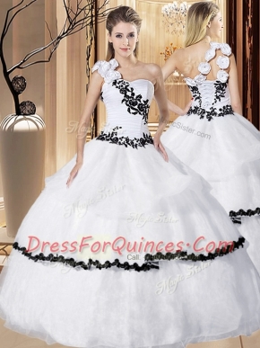 One Shoulder White Sleeveless Organza Lace Up 15th Birthday Dress for Military Ball and Sweet 16 and Quinceanera