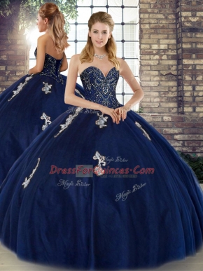Simple Sweetheart Sleeveless Lace Up Ball Gown Prom Dress Navy Blue Tulle