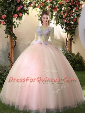 Popular Scoop Peach Lace Up Vestidos de Quinceanera Appliques Long Sleeves Floor Length