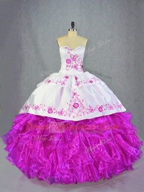Latest Fuchsia Ball Gowns Organza Sweetheart Sleeveless Beading and Embroidery and Ruffles Lace Up Quinceanera Gown Brush Train