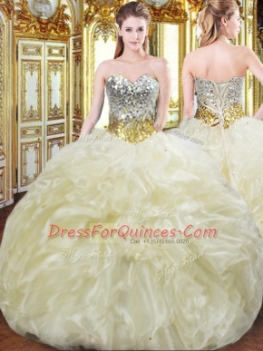 Low Price Light Yellow Ball Gowns Sweetheart Sleeveless Organza Floor Length Lace Up Beading and Ruffles Sweet 16 Dresses