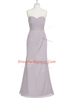 Dynamic Grey Column/Sheath Chiffon Sweetheart Sleeveless Ruching Floor Length Lace Up Prom Gown