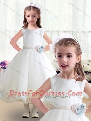 Top Selling Scoop White Flower Little Girl Dress with Appliques