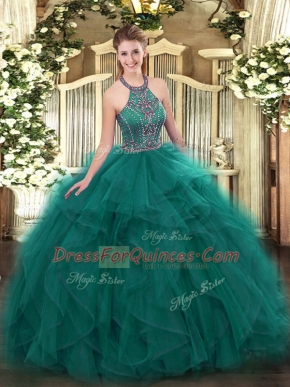 Teal Sleeveless Beading and Ruffles Floor Length Sweet 16 Dress