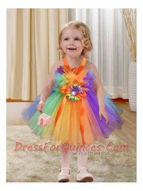 A-Line Straps Hand Made Flowers 2014 Little Girl Dress in Multi-color