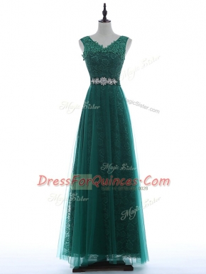 Green V-neck Neckline Beading and Appliques Evening Dress Sleeveless Zipper