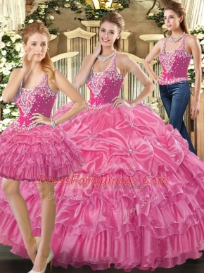 Super Hot Pink Lace Up Straps Beading and Ruffles and Pick Ups Quinceanera Gown Tulle Sleeveless