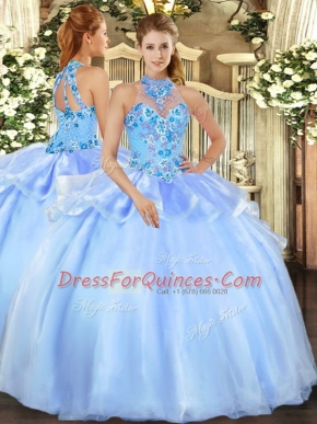 Wonderful Halter Top Sleeveless Quince Ball Gowns Floor Length Embroidery Baby Blue Organza
