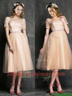 Beautiful Bateau Short Sleeves Prom Dresses with Sashes and Lace