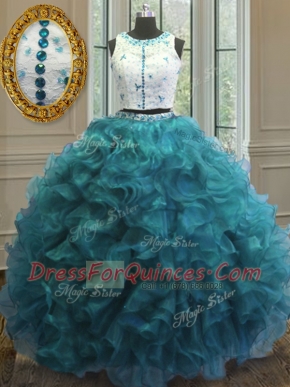 Scoop Sleeveless Organza Floor Length Clasp Handle Quinceanera Gowns in Teal with Beading and Ruffles