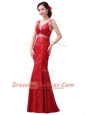 Fine Red V-neck Zipper Sequins Prom Dresses Sleeveless