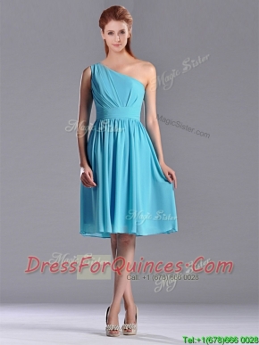 Discount Chiffon Baby Blue Knee Length Prom Dress with One Shoulder