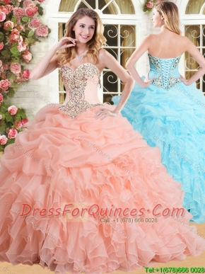 Modest Big Puffy Peach Quinceanera Dress with Appliques and Ruffles