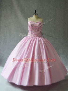 Luxury Pink Tulle Lace Up Sweetheart Sleeveless Floor Length Quinceanera Gown Beading