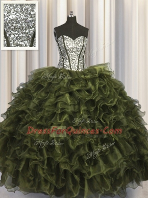 Visible Boning Olive Green Ball Gowns Sweetheart Sleeveless Organza and Sequined Floor Length Lace Up Ruffles and Sequins Quinceanera Gown