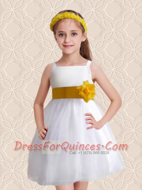 Formal A-Line Straps Flower Girl Dresses with Belt in White for 2014