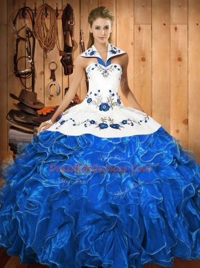 Ball Gowns Sweet 16 Quinceanera Dress Blue And White Halter Top Satin and Organza Sleeveless Floor Length Lace Up