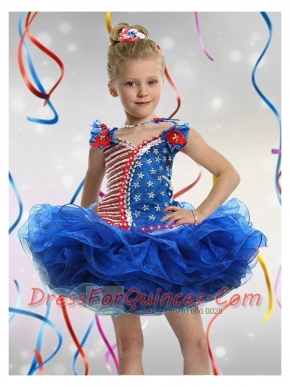 Ball Gown Square Mini-length Beading and Appliques Blue Little Girl Dress