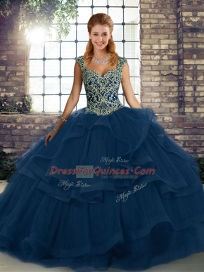 Glorious Blue Sleeveless Floor Length Beading and Ruffles Lace Up 15 Quinceanera Dress