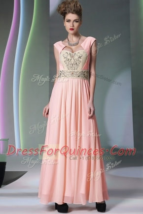 Exceptional Pink Column/Sheath Chiffon Sweetheart Cap Sleeves Embroidery and Ruching Ankle Length Side Zipper Prom Dress