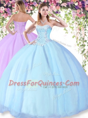 Light Blue Sleeveless Beading Floor Length Quinceanera Gown