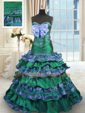 Dark Green Sweetheart Neckline Appliques and Embroidery and Ruffled Layers and Bowknot Quinceanera Dress Sleeveless Lace Up