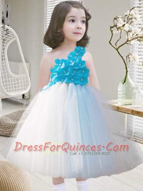 Modest One Shoulder Tea-length Little Girl Dresses in Blue and White