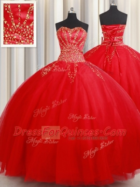 Designer Red Tulle Lace Up Quinceanera Gown Sleeveless Floor Length Beading