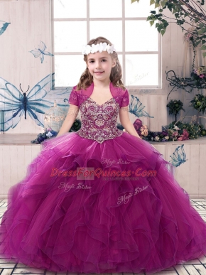 Floor Length Lace Up Little Girl Pageant Gowns Fuchsia for Party and Sweet 16 and Wedding Party with Beading and Ruffles