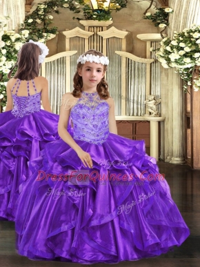 Fashion Floor Length Purple Little Girl Pageant Dress Organza Sleeveless Beading and Ruffles