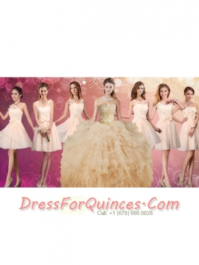 Fashionable Beaded and Ruffled Champagne Quinceanera Dress and Discount Short Dama Dresses
