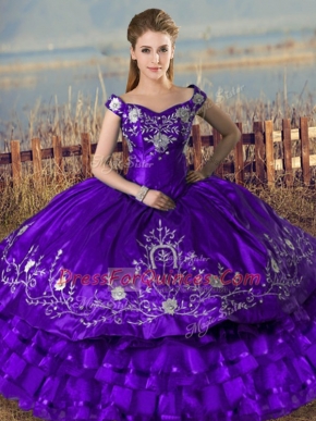 Inexpensive Off The Shoulder Sleeveless Quinceanera Dress Floor Length Embroidery and Ruffled Layers Purple Satin and Organza