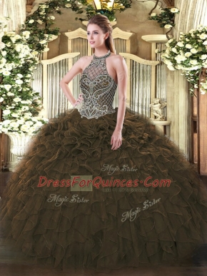 Unique Sleeveless Floor Length Beading and Ruffles Lace Up Quinceanera Dresses with Olive Green