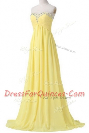 With Train Light Yellow Prom Party Dress Sweetheart Sleeveless Brush Train Lace Up