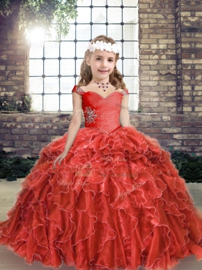 Sleeveless Organza Floor Length Lace Up Little Girls Pageant Dress in Red with Beading and Ruffles