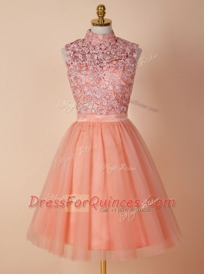 Peach Backless High-neck Appliques Prom Dress Organza Sleeveless